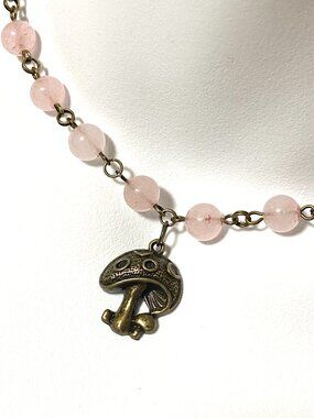 Genuine Pink Rose Quartz Short Necklace,Natural Gemstone & Bronze Round Mushroom